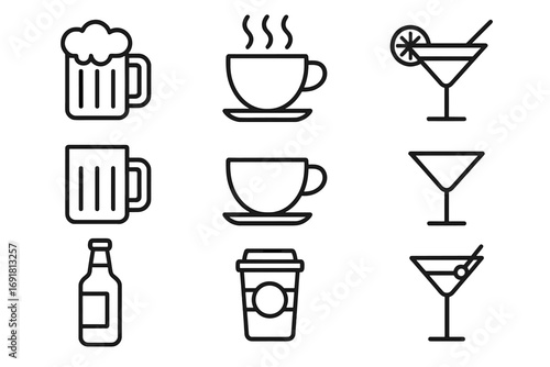 Drink and beverage line icon set. Coffee, beer, cocktail symbols. Simple outline pictogram collection for web design, app, ui, ux, menu, bar, cafe. Vector illustration.