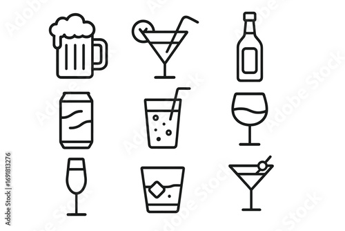 Drinks and beverages line icon set. Alcohol, soft drinks, cocktails for bar menu or party. Vector icons of beer, wine, whiskey, soda for app, web, and print design.