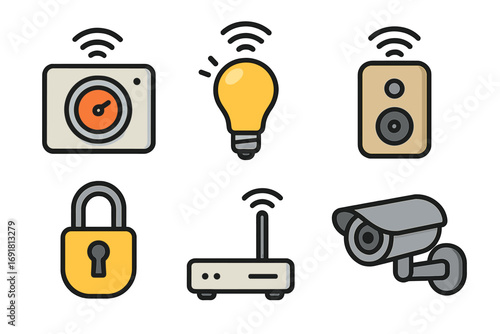Smart home technology icons with thermostat, light bulb, speaker, lock, router, security camera, wireless signals, modern connected devices, vector cartoon illustration set