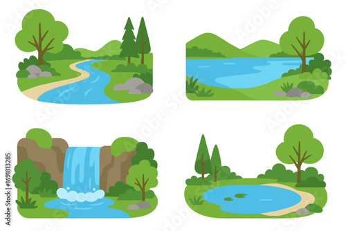 Vector flat illustration of various water bodies including river, lake, waterfall, and pond with natural scenery, trees, rocks, and serene environmental features in cartoon style