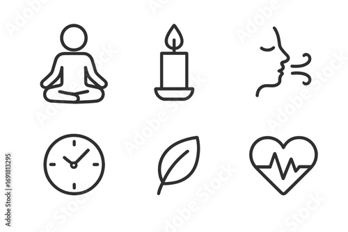 Minimalist wellness icons set with meditation, candle, breathing, time, nature leaf, and heartbeat symbols for relaxation, mindfulness, health, and holistic lifestyle design