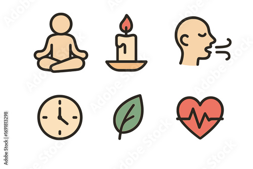 Minimalist wellness icons set featuring meditation pose, lit candle, mindful breathing, clock, green leaf, and heartbeat heart symbol vector cartoon illustration transparent background