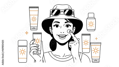 A happy woman wearing a hat and sunglasses applies sunscreen to her face surrounded by bottles of sun protection lotion for summer outdoor activities