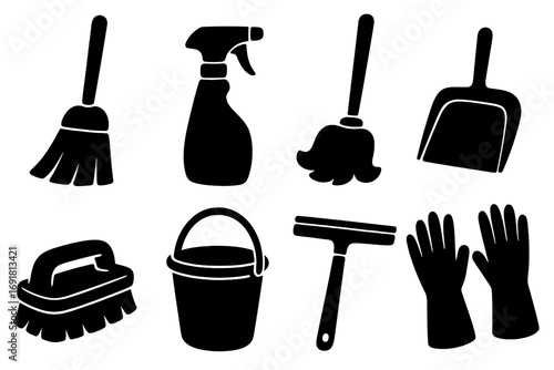 Simple Cleaning Tools Silhouette Collection for Household Chores, Vector Cartoon Illustration, Broom, Mop, Spray Bottle, Dustpan, Brush, Bucket, Squeegee, Gloves, Organized Set