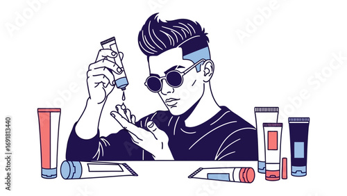 Stylish young man with sunglasses and a modern haircut meticulously examining a test tube in a laboratory setting surrounded by scientific equipment