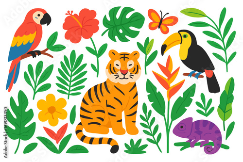 Wallpaper Mural Vibrant tropical wildlife and exotic flora vector illustration with colorful cartoon tiger, toucan, parrot, chameleon, butterfly, tropical flowers and lush green leaves, jungle nature design Torontodigital.ca