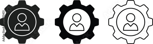 Three user icons inside gears on a white background Keywords: user icon, gear icon, cogwheel icon, settings icon, profile icon