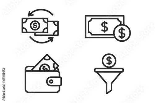 Finance line icon set. Money exchange, currency conversion, payment. Cash in wallet. Sales funnel for income, revenue and profit. Business investment and banking signs.