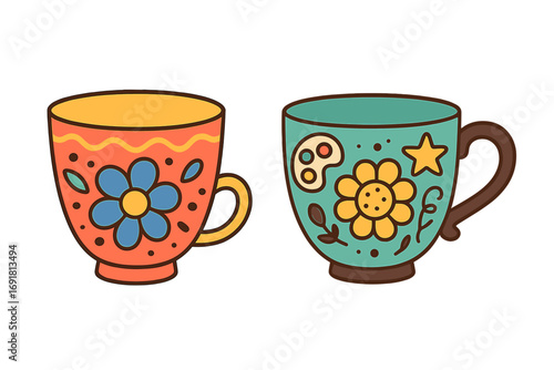Vector flat illustration of two artistic tea cups with floral and playful designs. Creative cartoon coffee mugs showcasing art and crafts. Set of cute crockery for tea time.