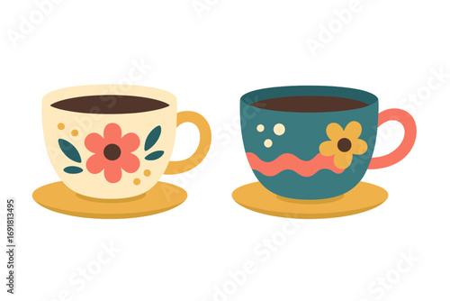 Two artistic tea or coffee cups with saucers. Vector flat illustration with floral and playful designs. Creative, charming cartoon style for cafe menu or beverage icon.