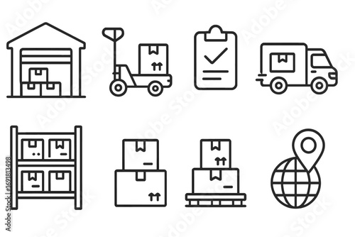 Warehouse and logistics icons set, linear style vector illustration for shipping, storage, delivery, inventory, packaging, global distribution, supply chain, and transportation