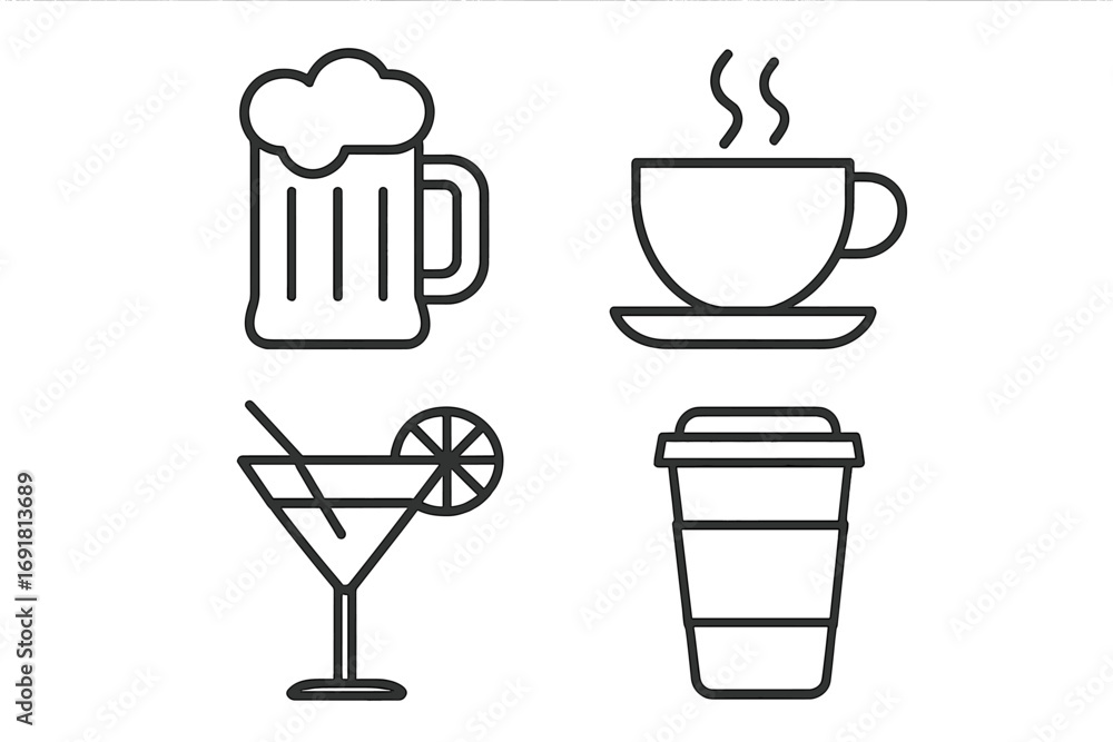 Beverage and drink line icon set. Editable stroke vector symbols for web and app design. Includes beer mug, coffee cup, cocktail glass, and takeaway cup illustrations.