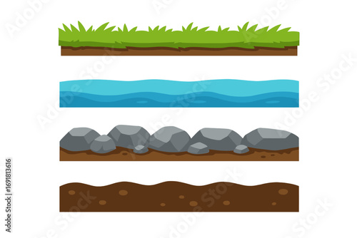 Set of ground layers for game design. Seamless vector terrain with grass, water, rock, and soil. Cartoon flat illustration elements for platformer games or educational geology.