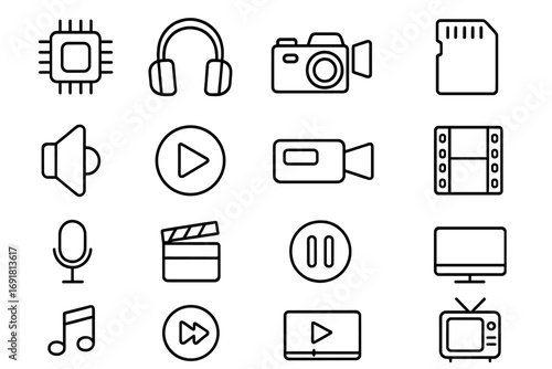 Sound and video line icon pack, modern vector collection for design, websites, apps, cards, includes linear icons of chip, headphones, camera, memory card, media symbols, multimedia tools