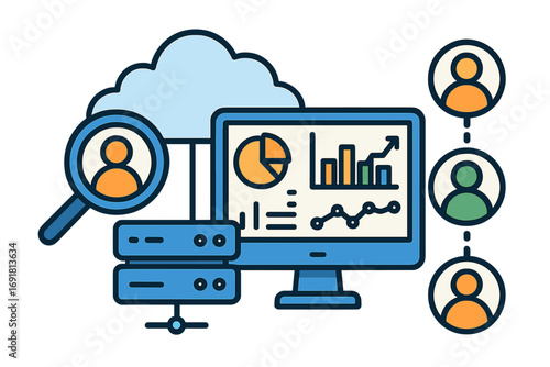 Cloud computing vector concept. Data visualization dashboard for business intelligence. User profile analysis, customer research, server database, and technology integration.