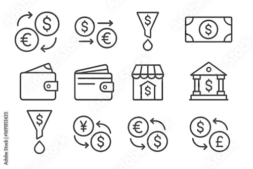 Money, finance, and banking thin line icon set. Collection of vector symbols for currency exchange, online payment, wallet, cash flow, investment, and mobile banking.