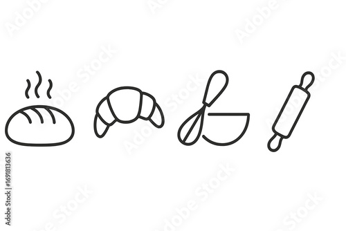Minimalist bakery icons set with bread, pastry, and baking tools. Linear design vector cartoon illustration. Kitchenware symbols for cooking, food, and restaurant menu.