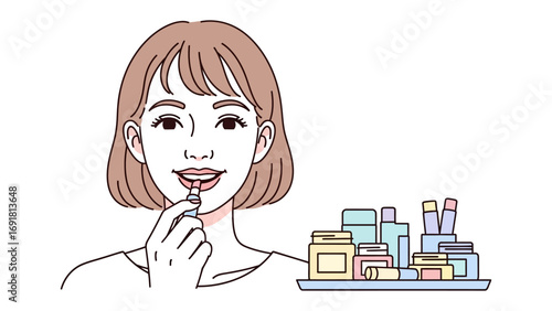 Young woman with short brown hair holding a small pill or capsule to her mouth with a stack of colorful medicine boxes and bottles nearby