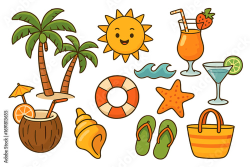 Summer vacation icon set. Cute cartoon beach elements collection. Tropical travel clipart with palm tree, smiling sun, coconut drink, lifebuoy, starfish, shell and flip flops.