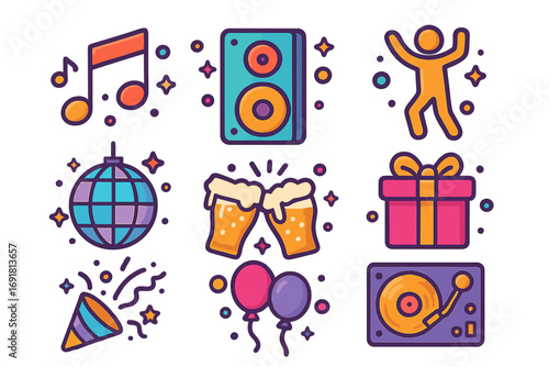Vibrant party icon set with colorful music notes, dancing figure, disco ball, beer cheers, balloons, gift box, DJ turntable, and celebration elements in vector cartoon style for festive designs