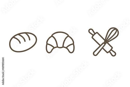 Bakery icon set with bread, croissant, pastry. Minimalist baking tools in linear design. Vector cartoon illustration of rolling pin and whisk. Cooking and food concept symbols.