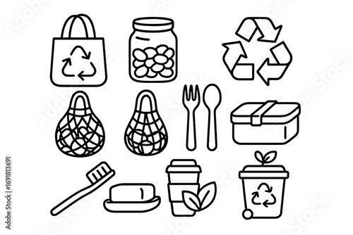 Zero waste icons sustainable living eco-friendly practices line art set. Reusable bags, jar, recycle symbol, mesh produce bags, eco utensils, soap, toothbrush, compost bin, coffee cup vector
