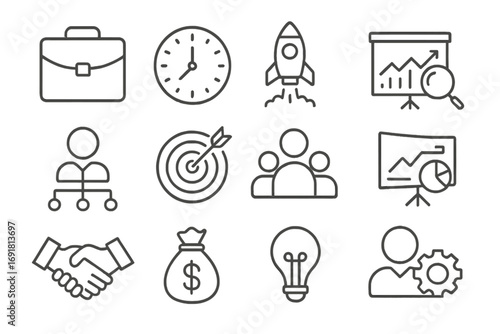 Business line icons set. Thin line vector symbols for startup, management, finance, marketing strategy. Includes teamwork, analysis, growth concepts. Editable stroke.
