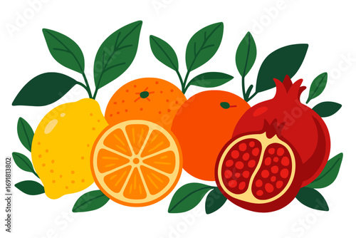 Citrus fruit and pomegranate vector flat illustration. Orange, lemon, tangerine with leaves. Healthy food concept. Fresh juicy fruit diet. Natural organic vitamins. Summer harvest.