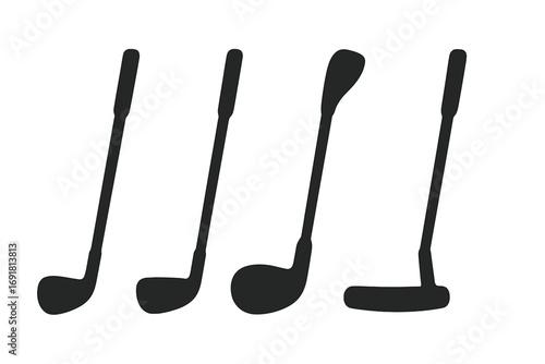Golf club silhouette collection. Minimalist vector icon set for sports enthusiasts. Includes driver, iron, wood, and putter graphics for game or tournament design elements.