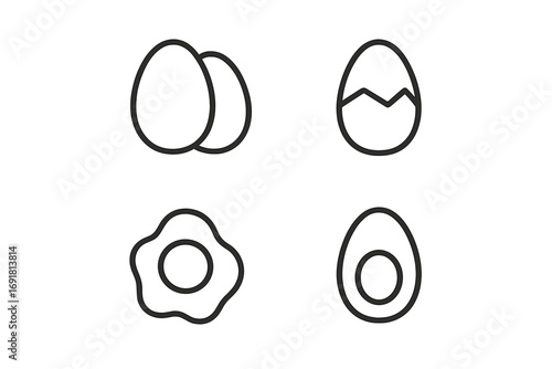 Egg line icons collection. Food, cooking, breakfast symbol set. Vector pack with fried, boiled, cracked, whole eggs. Simple outline illustration. Editable stroke for web, app.