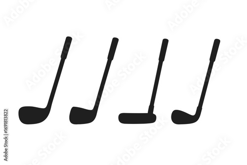 Golf club silhouette set vector illustration. Minimalist collection of golf equipment icons including driver, iron, and putter for sports design. Isolated graphic elements.