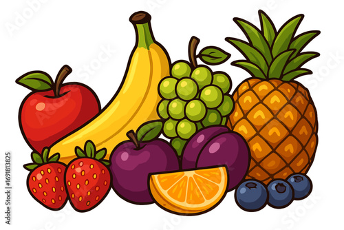 Colorful variety of fresh fruits including apple, banana, grapes, pineapple, strawberries, plums, orange slice, blueberries in neat arrangement on white background, vector cartoon illustration