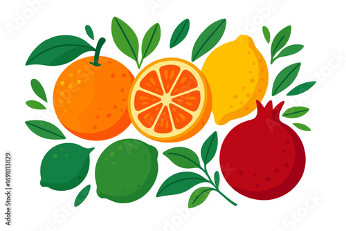 Fresh citrus fruits composition. Vector illustration of orange, lemon, lime and pomegranate. Healthy organic food concept for diet, juice or summer design. Flat cartoon style set.