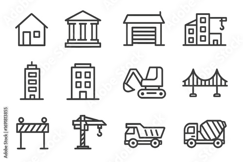 Construction line icon set. Building, house, real estate, and architecture symbols. Vector pack includes crane, excavator, truck, bridge, skyscraper. Minimalist pictogram collection.