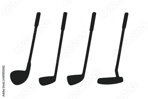 Golf club silhouettes vector collection. Set of isolated golf equipment icons. Minimalist graphic of driver, iron, wedge and putter for sport design and logo concepts.