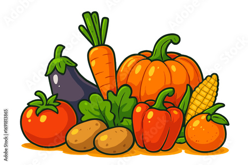 Fresh vegetables and fruits assortment vector cartoon illustration. Healthy organic food for diet, nature's bounty concept. Pumpkin, carrot, tomato, eggplant, corn, potato.