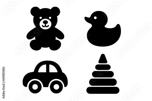 Classic children toys icon set. Minimalist black silhouette collection. Vector illustration of teddy bear, rubber duck, toy car, and stacking rings pyramid for baby shower.
