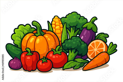 Fresh vegetables and fruits assortment. Vector cartoon illustration. Healthy food concept for grocery, market, diet. Organic vegan vegetarian meal. Nature's bounty harvest pile.