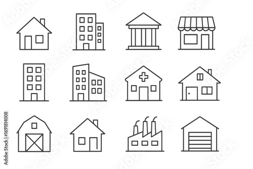 Building and real estate line icon set. Urban construction symbols like house, apartment, bank, hospital, factory, shop, barn, and garage. Outline pictograms for web and app.