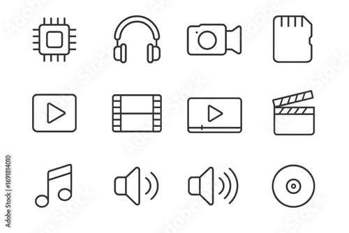 Vector sound and video line icon set with editable stroke. Multimedia symbols for UI, UX, web and mobile app design. Pack with camera, film, player, music, and tech icons.
