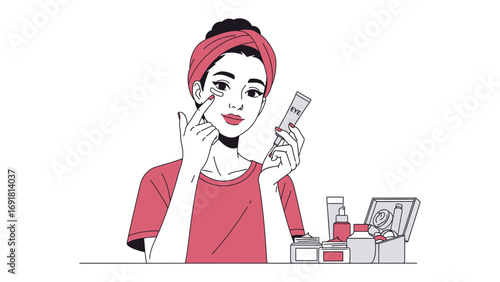 Young woman with a red headband and t shirt applying eye cream while looking in a compact mirror with makeup products on the table