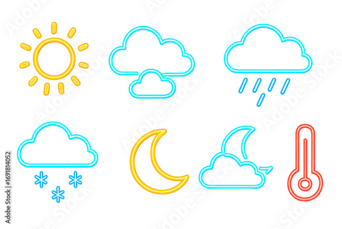 Neon weather icons set with glowing effect for forecast and climate app design, colorful sun, clouds, rain, snow, moon, temperature, vector cartoon transparent background