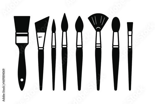 Paint brush silhouette icon set. Artist tools for painting. Collection of various brushes. Art supply for acrylic, oil, watercolor. Craft, hobby, drawing and creativity concept.