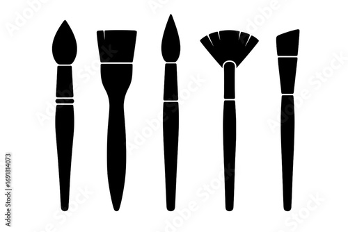 Paint brush silhouette vector icon set. Collection of different minimalist artist tools for painting, drawing, and craft. Black graphic design elements on white background.