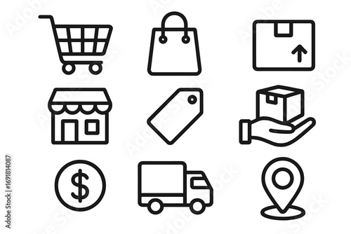 Simple line icons for shopping, delivery, ecommerce, retail, online store, shipping, payment, package, location, truck, tag, basket, shop, cart vector set for business and logistics