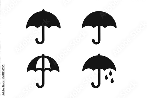 Black silhouette umbrella icon set. Minimalist vector graphics. Weather symbols for rain protection and storms. Open, inside-out, and rainy day design elements collection.