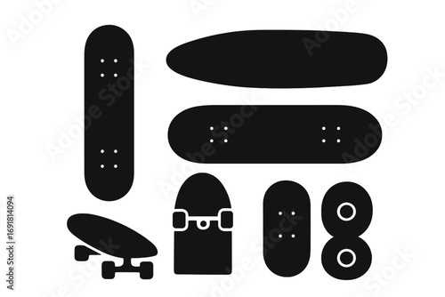 Skateboard silhouette vector icon set. Minimalist black graphic elements of skate decks, wheels, trucks and longboards. Extreme sports equipment for street culture design.