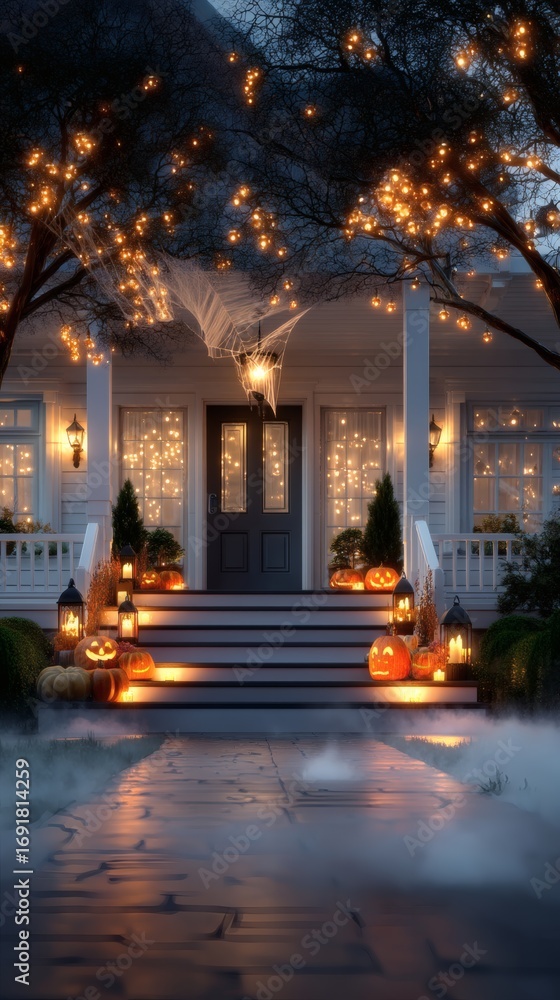 Naklejka premium Realistic suburban house front porch decorated for Halloween with glowing pumpkins, lanterns, spiderwebs, and soft mist, cinematic street-view, festive spooky atmosphere