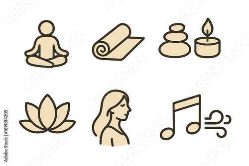 Yoga and meditation icon set for relaxation and wellness. Vector symbols for spa, mindfulness, and spiritual balance. Includes lotus, zen stones, and aromatherapy candle.