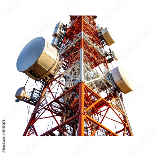 Tall, imposing telecommunication tower with intricate white and reddish-brown lattice, densely equipped with 